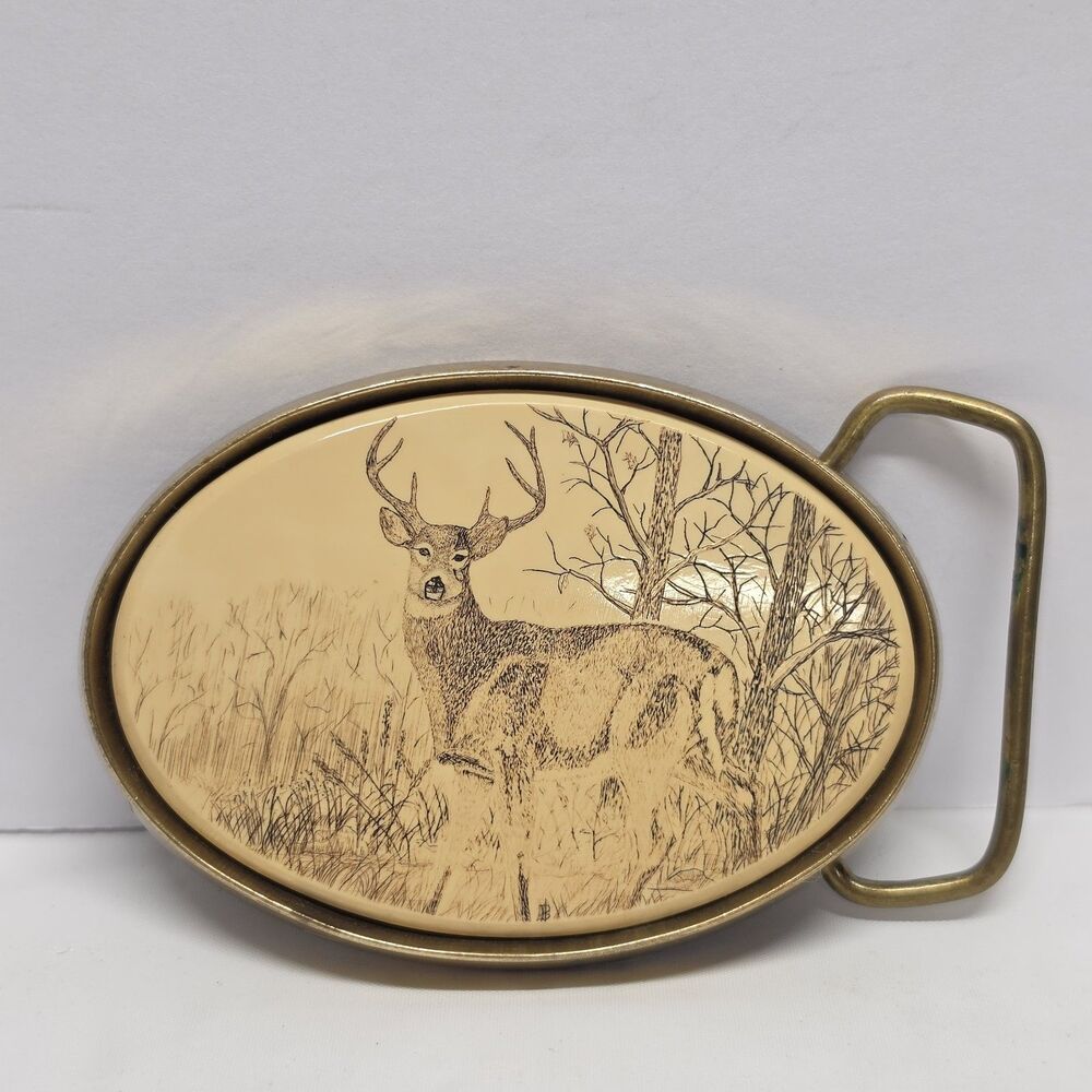 Barlow Solid Brass Deer Buck Engraved Hunting Belt Buckle Plate Vintage 1983